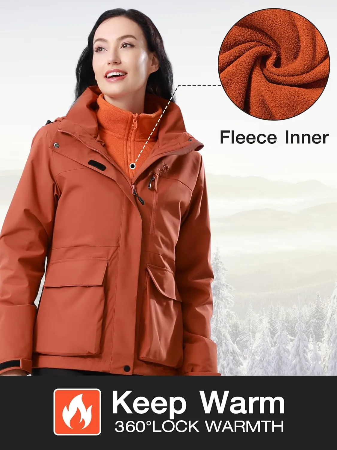 CAMEL CROWN Women's Ski Jacket 3 in 1 Winter Jacket Waterproof Jacket Windbreaker Snow Coat with Inner Warm Fleece Coat