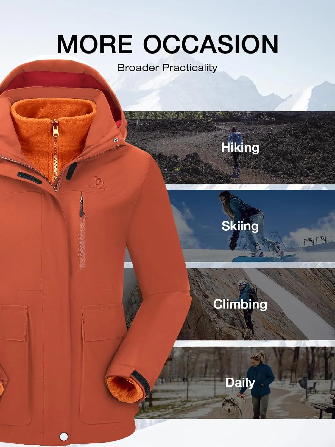 CAMEL CROWN Women's Ski Jacket 3 in 1 Winter Jacket Waterproof Jacket Windbreaker Snow Coat with Inner Warm Fleece Coat