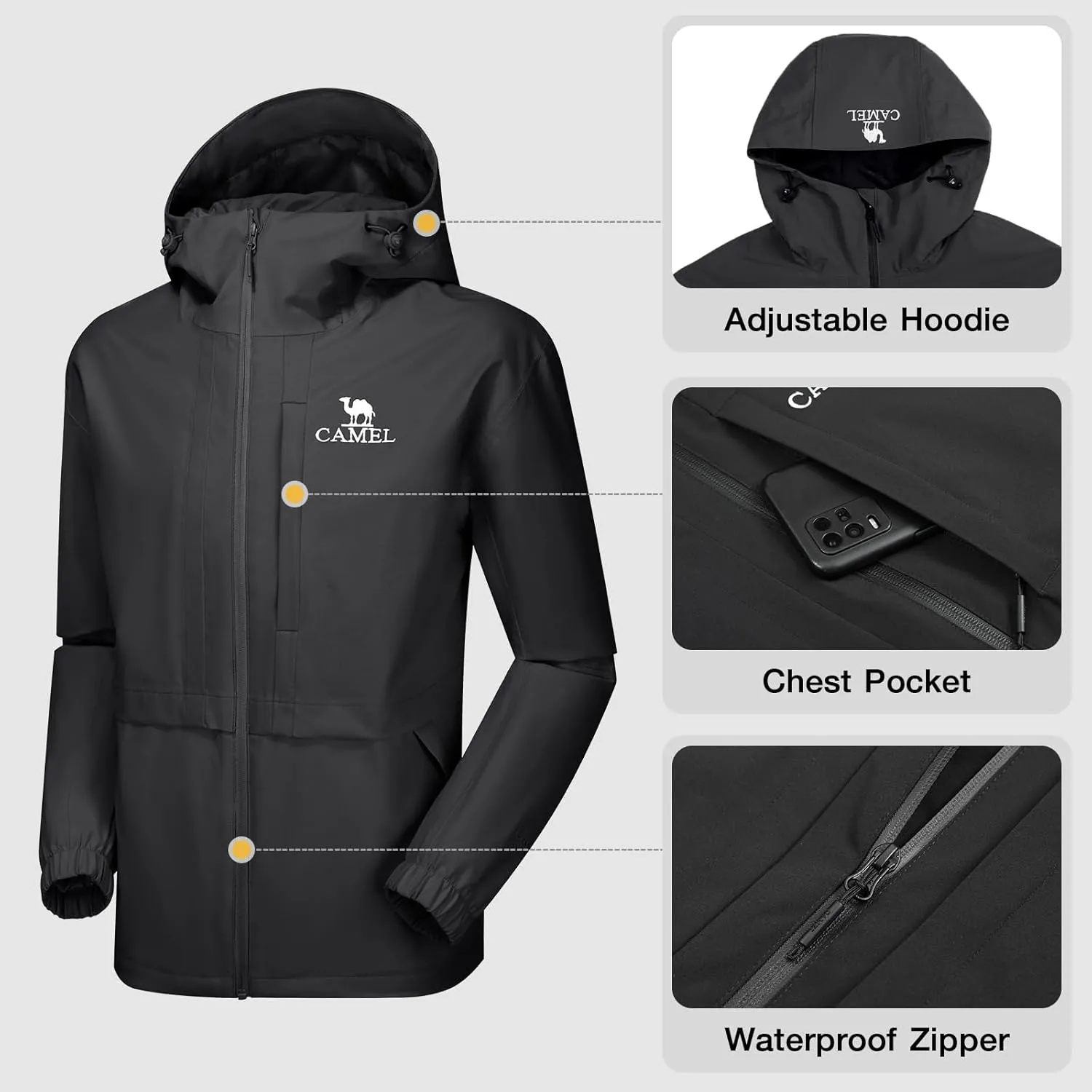 CAMEL Men's Rain Jacket - Lightweight Waterproof Windbreaker Softshell Jacket for Hiking and Travel with Hood