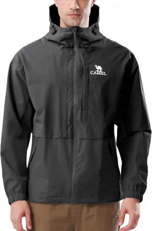 CAMEL Men's Rain Jacket - Lightweight Waterproof Windbreaker Softshell Jacket for Hiking and Travel with Hood