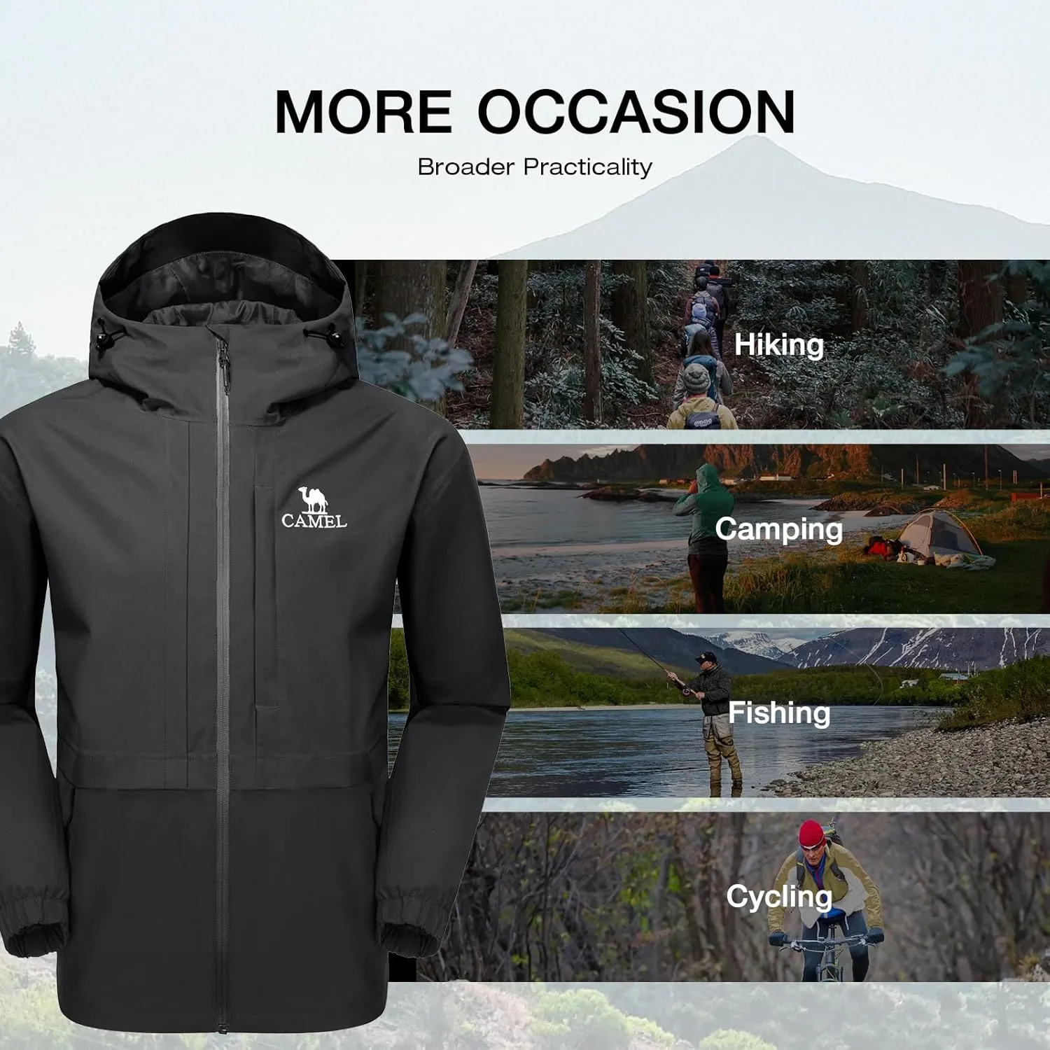 CAMEL Men's Rain Jacket - Lightweight Waterproof Windbreaker Softshell Jacket for Hiking and Travel with Hood