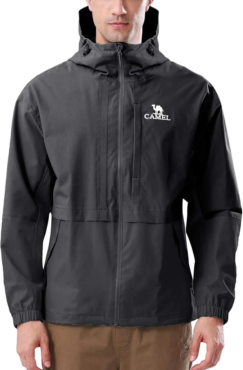 CAMEL Men's Rain Jacket - Lightweight Waterproof Windbreaker Softshell Jacket for Hiking and Travel with Hood