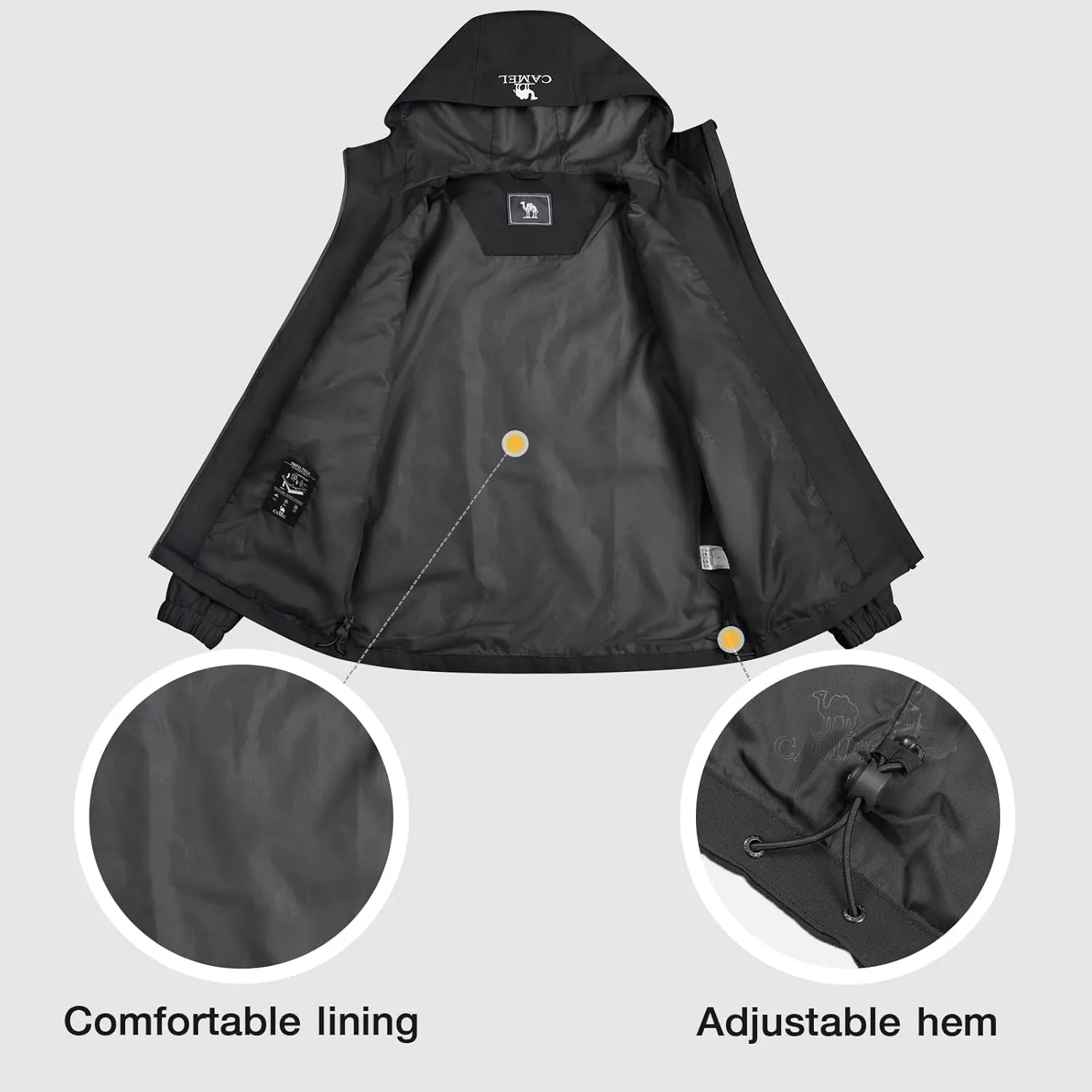 CAMEL Men's Rain Jacket - Lightweight Waterproof Windbreaker Softshell Jacket for Hiking and Travel with Hood