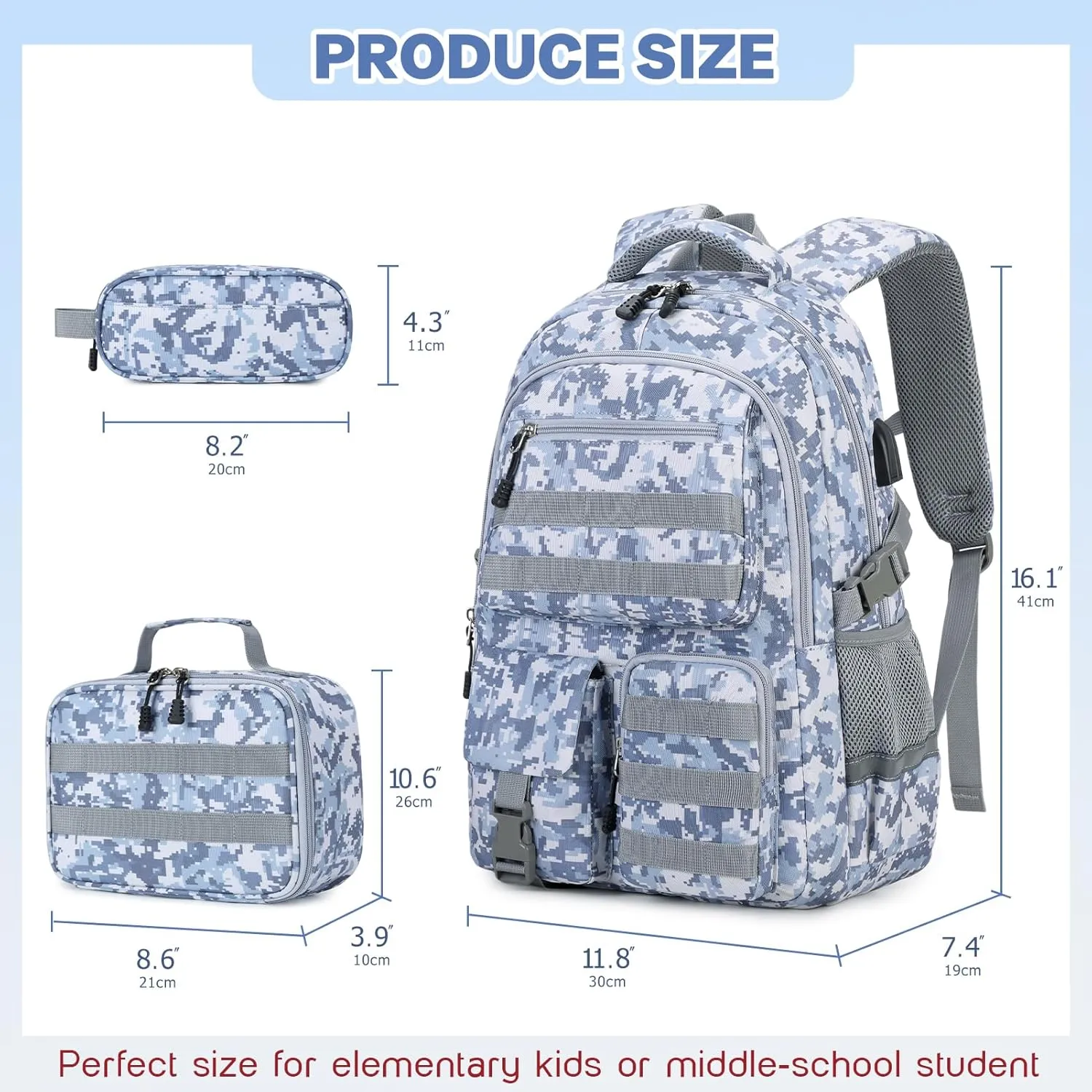 Camo Backpack for Boys, Tactical Boys Backpack for School, Kids Backpack With Lunch Box Pencil Case USB Charging Port Military Army Bags for Boy Teens Kids Elementary Middle High School