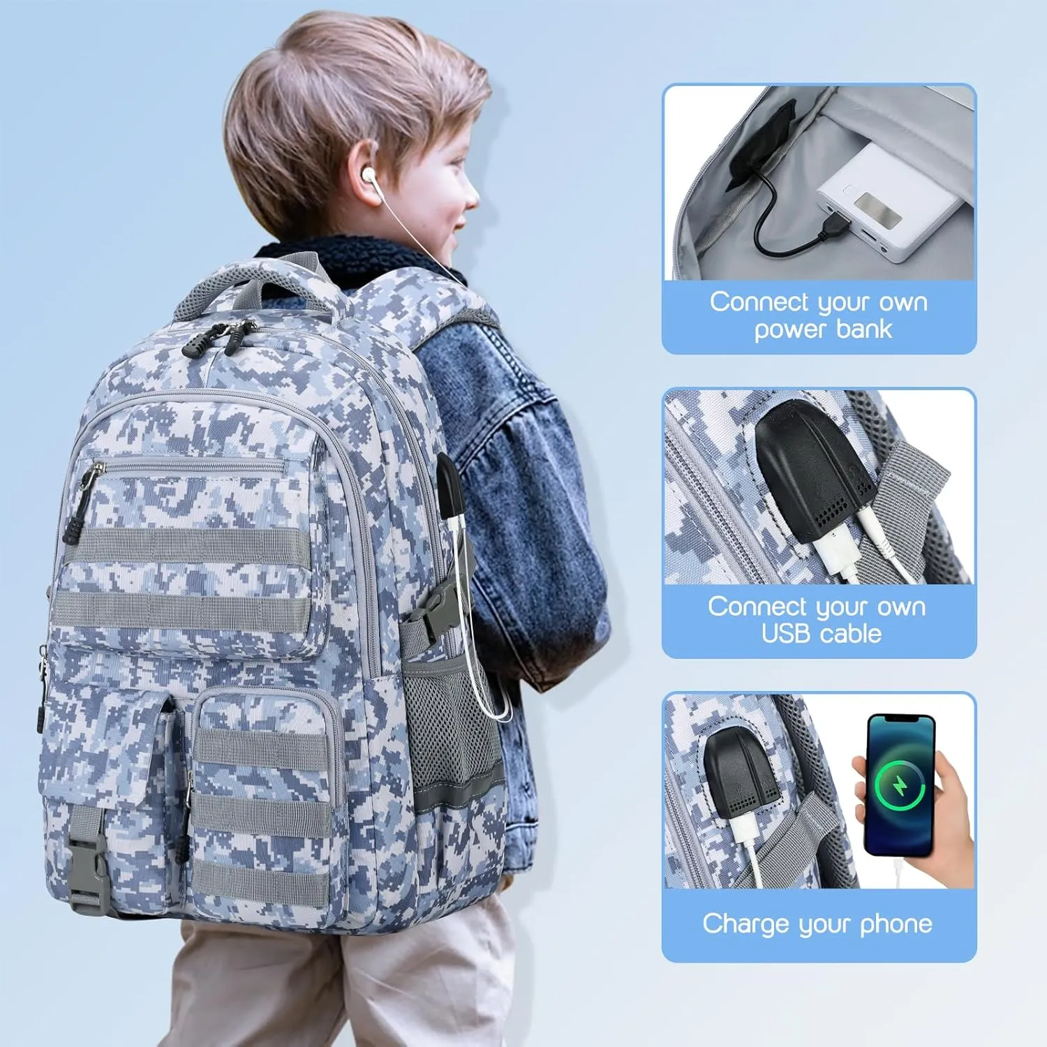 Camo Backpack for Boys, Tactical Boys Backpack for School, Kids Backpack With Lunch Box Pencil Case USB Charging Port Military Army Bags for Boy Teens Kids Elementary Middle High School