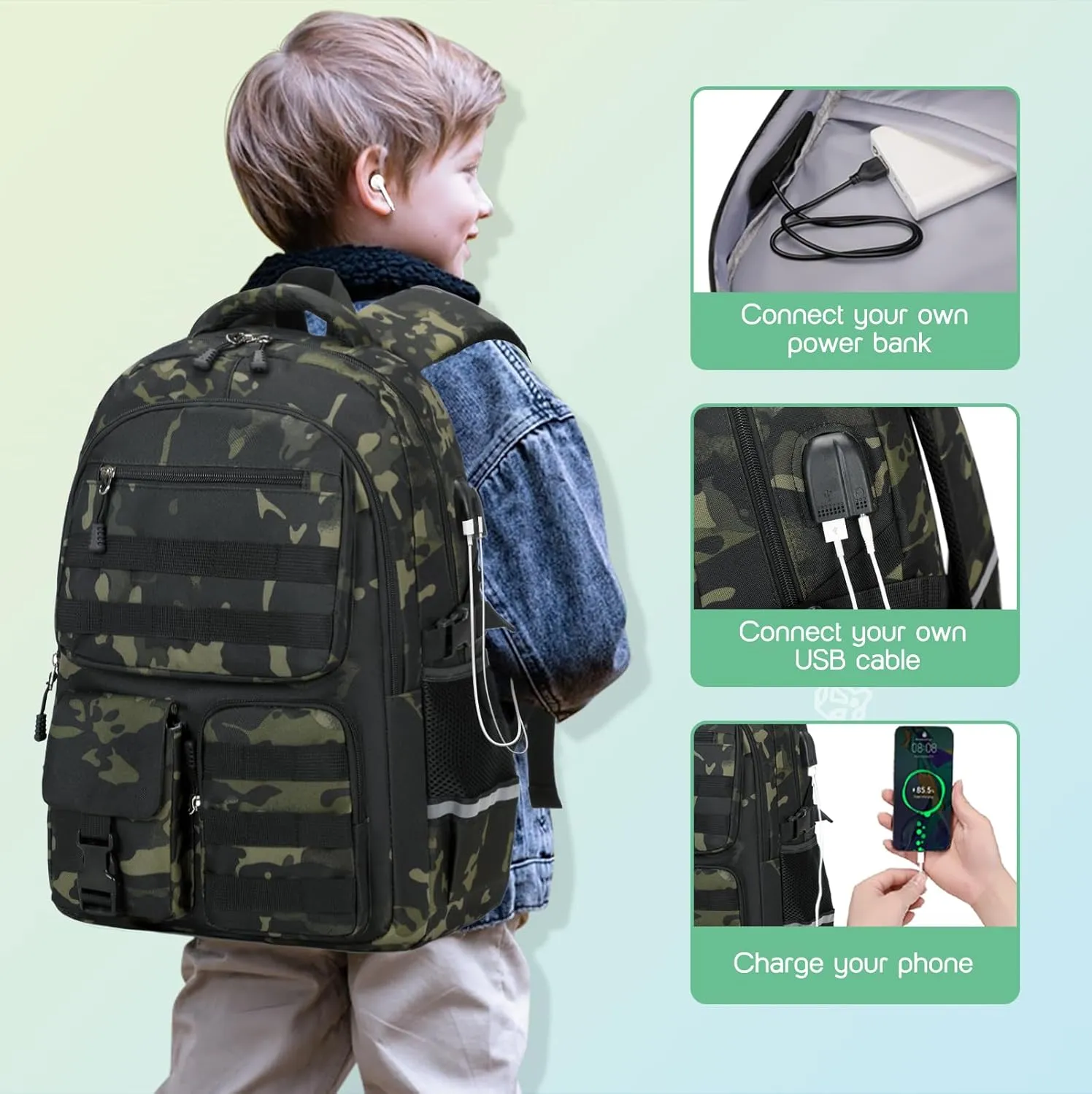Camo Backpack for Boys, Tactical Boys Backpack for School, Kids Backpack With Lunch Box Pencil Case USB Charging Port Military Army School Bags for Boy Teens Kids Elementary Middle High School
