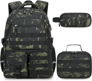 Camo Backpack for Boys, Tactical Boys Backpack for School, Kids Backpack With Lunch Box Pencil Case USB Charging Port Military Army School Bags for Boy Teens Kids Elementary Middle High School