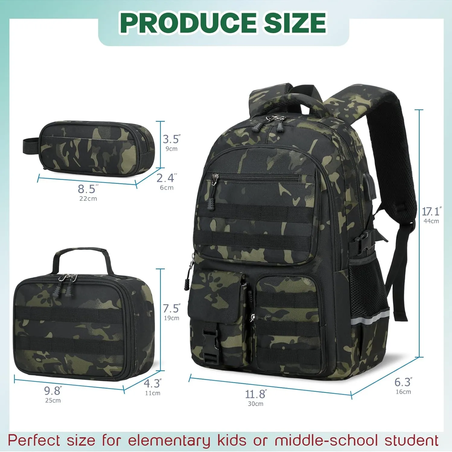 Camo Backpack for Boys, Tactical Boys Backpack for School, Kids Backpack With Lunch Box Pencil Case USB Charging Port Military Army School Bags for Boy Teens Kids Elementary Middle High School