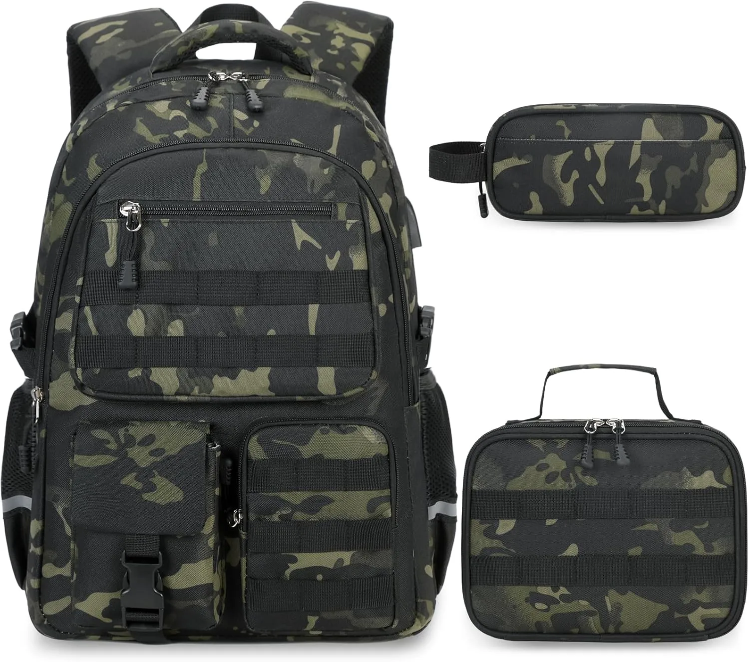 Camo Backpack for Boys, Tactical Boys Backpack for School, Kids Backpack With Lunch Box Pencil Case USB Charging Port Military Army School Bags for Boy Teens Kids Elementary Middle High School