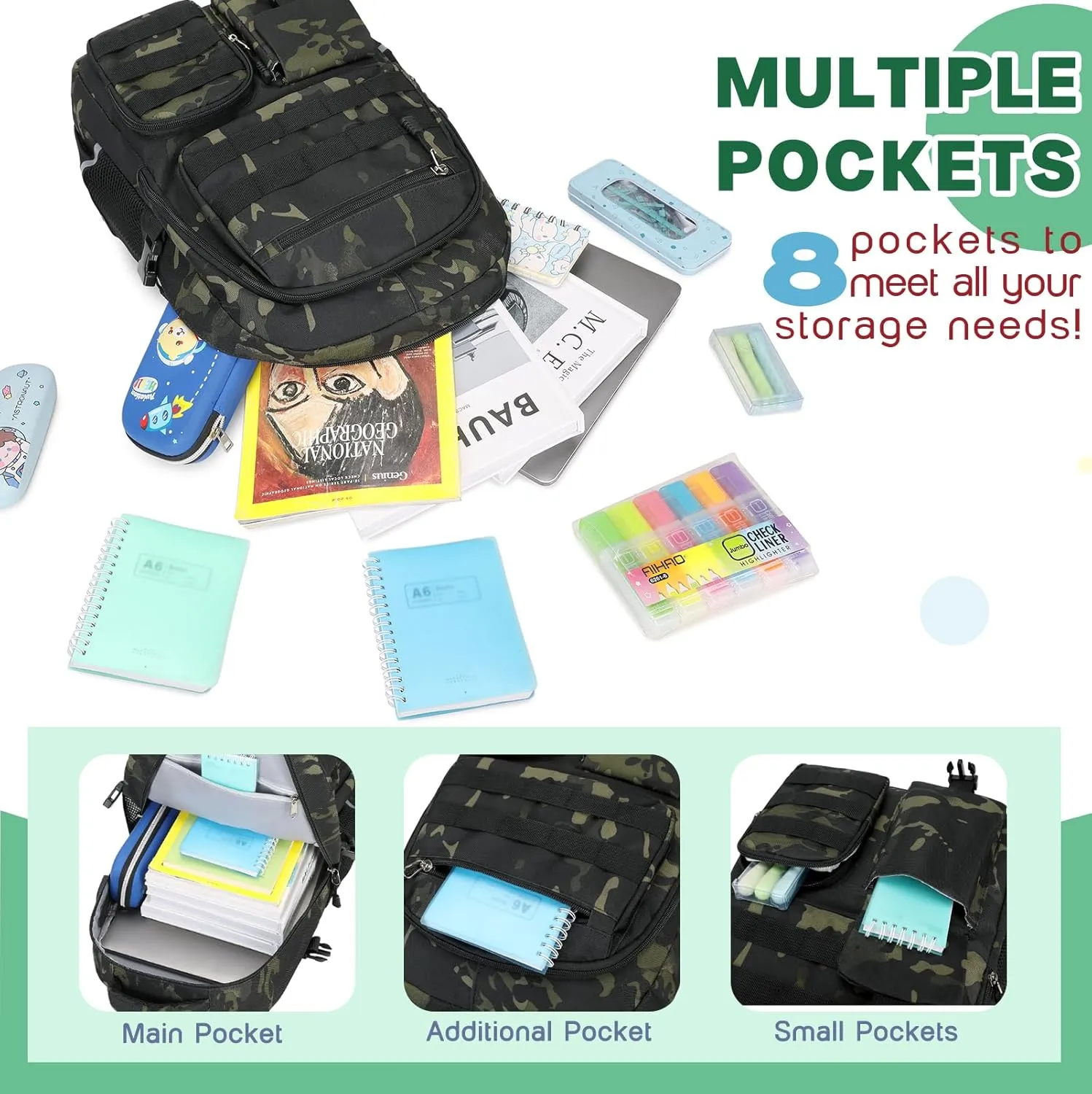 Camo Backpack for Boys, Tactical Boys Backpack for School, Kids Backpack With Lunch Box Pencil Case USB Charging Port Military Army School Bags for Boy Teens Kids Elementary Middle High School