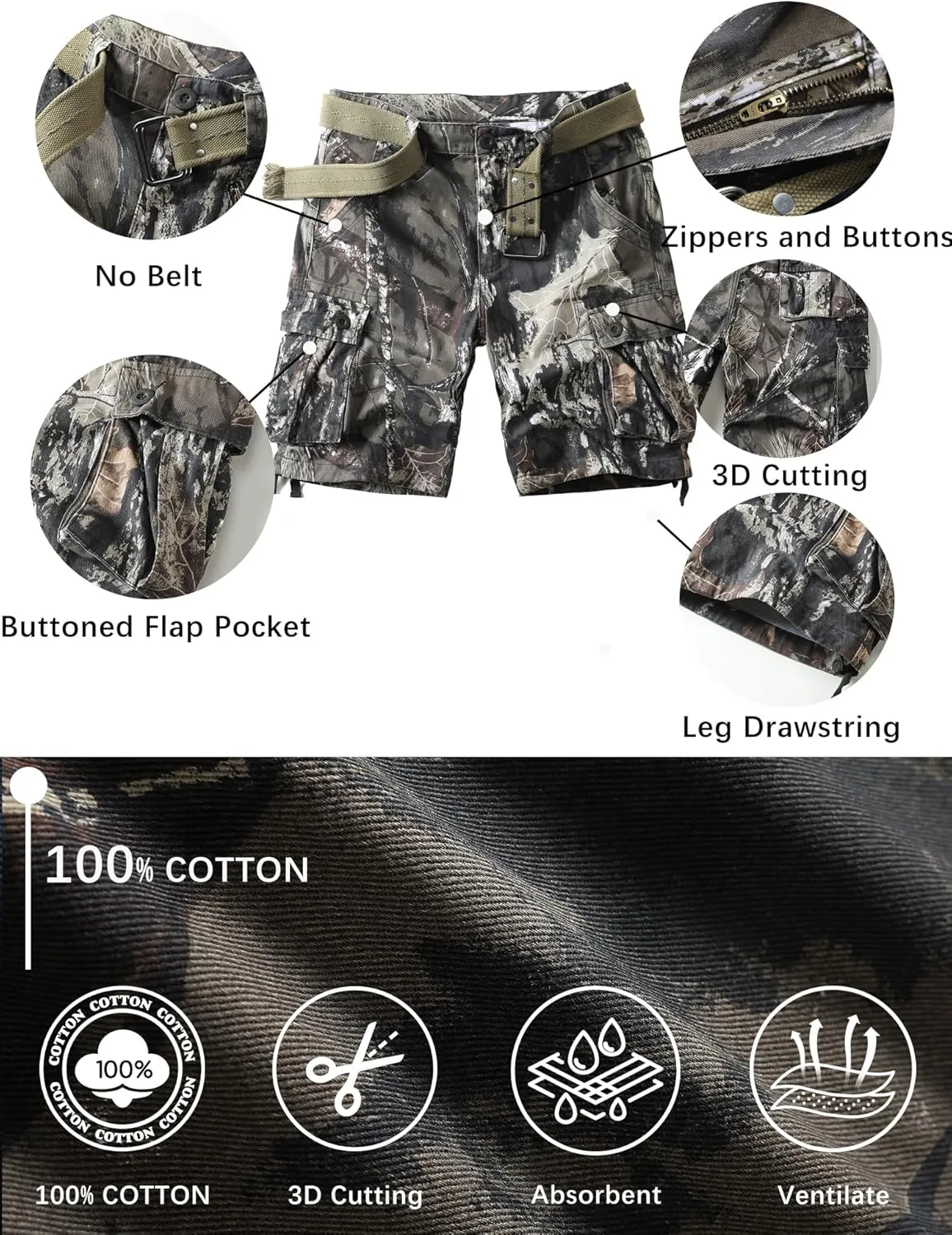 Camo Cargo Shorts for Men Cotton Casual Wild Outdoor Work Relaxed Fit Shorts with Multi-Pockets