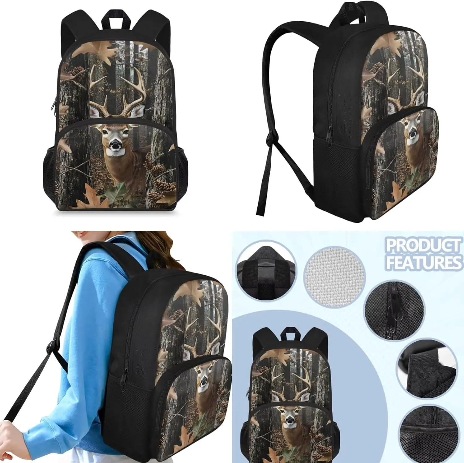 Camo Deer Backpack with Lunch Box Kids Boys 8-12/10-12 Hunting Elementary School Bookbag for 5th Grade Girls and Lunchbox Set Teens Middle Srudent Back Pack Lunch Bag Pencil Case Book Bags