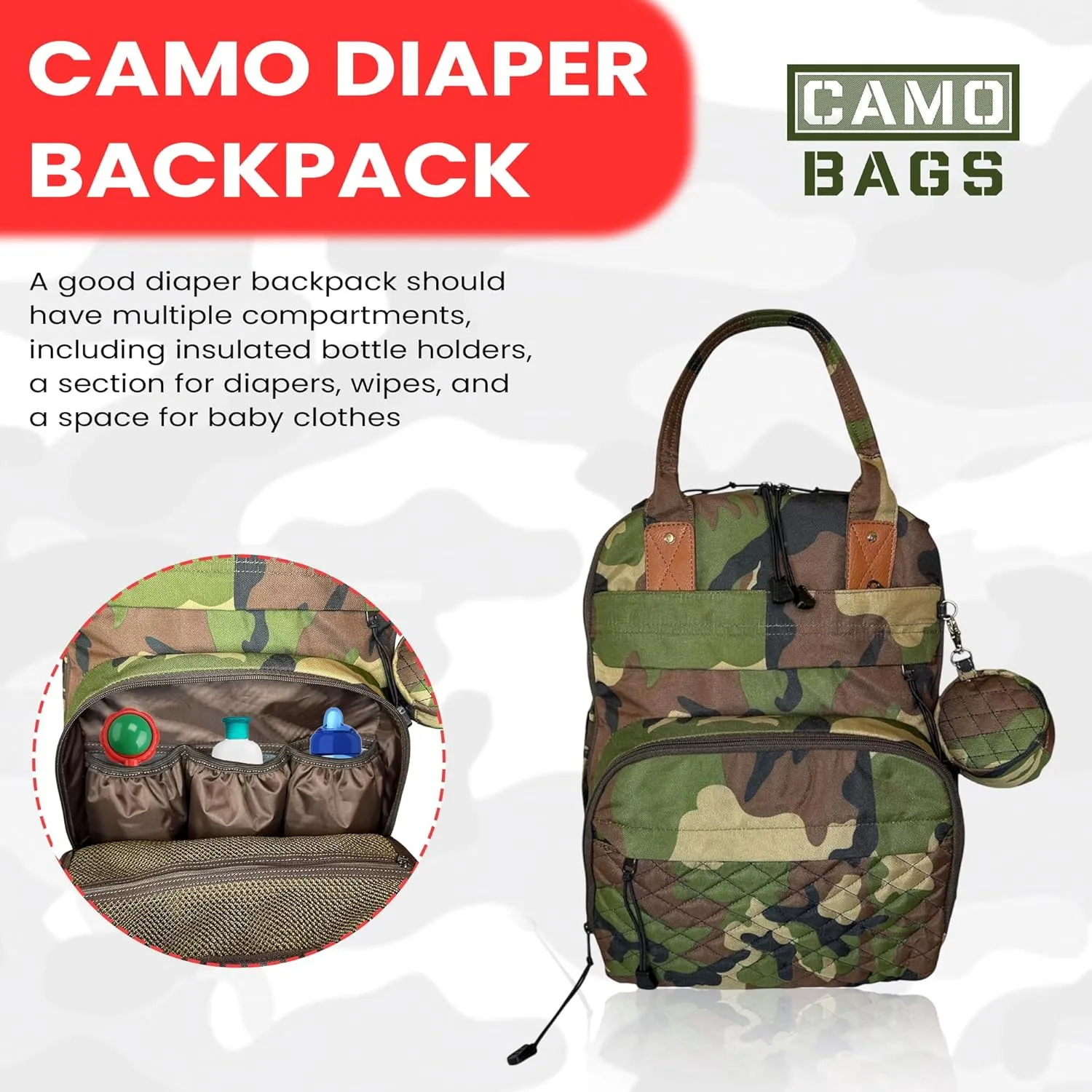 Camo Diaper Backpack - 1000 Denier Cordura Polyester Bag with Pacifier Pouch & Changing Pad - Comfortable Handle, Reinforced Padded Shoulder Straps - Easy-Glide Zippers Multiple Pockets Storage