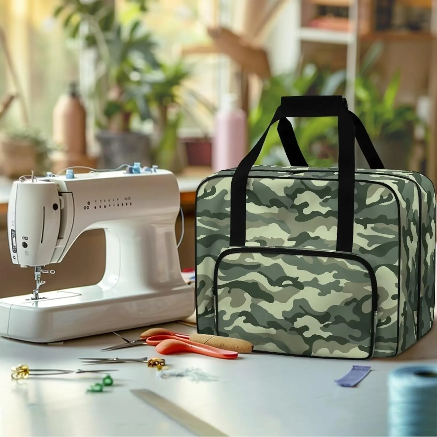 Camo Sewing Box Storage Bag with Pockets Sewing Machine Tote Bag with Hand Strap, Portable Sewing Machine Case Storage Organization Carrying Bag for Accessories