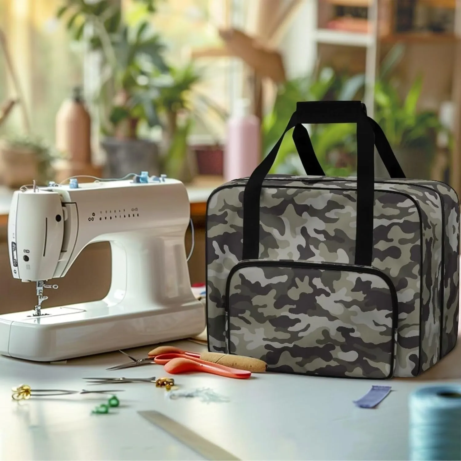 Camo Sewing Machine Handbag Two Way Zipper Carrying Travel Storage Carrier Sewing Bag with Handle Sewing Box Storage Bag Compatible with Most Standard Singer, Brother