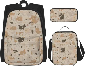 Camouflage Brown Camo Multifunctional Pocket Backpack Crossbody Lunch Bag Pencil Case 3Pcs Set Large Capacity Backpack