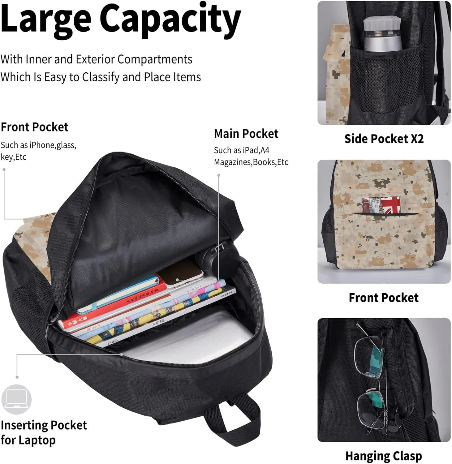 Camouflage Brown Camo Multifunctional Pocket Backpack Crossbody Lunch Bag Pencil Case 3Pcs Set Large Capacity Backpack