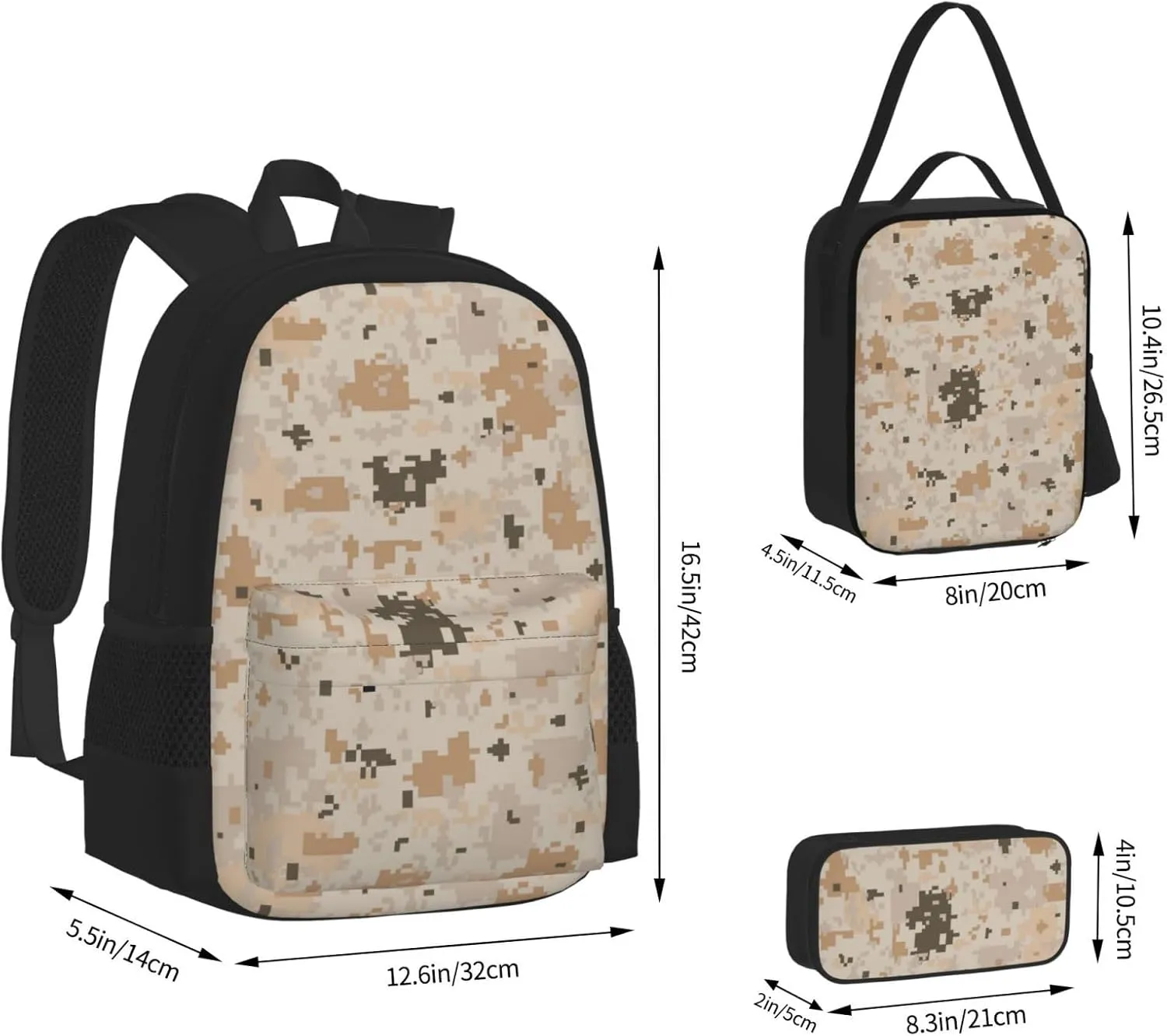 Camouflage Brown Camo Multifunctional Pocket Backpack Crossbody Lunch Bag Pencil Case 3Pcs Set Large Capacity Backpack