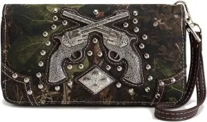 Camouflage Cross Pistol Revolver Gun Studded Clutch Conchos Women Zipper Wallet Western Wristlets Purse