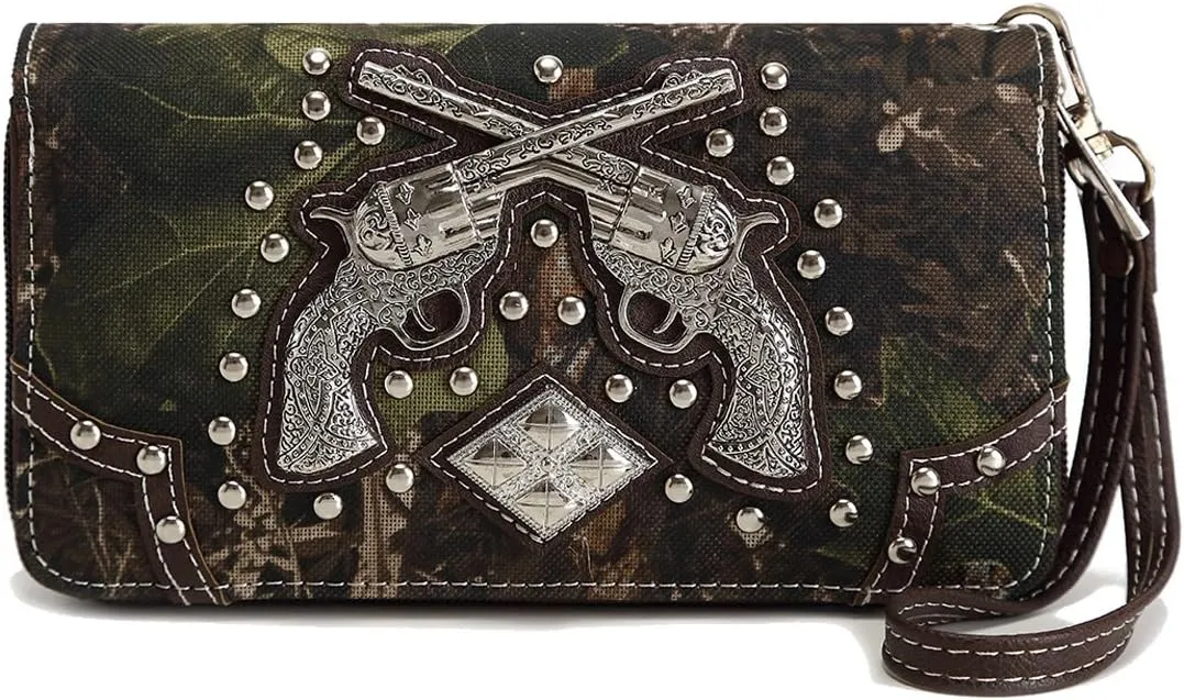 Camouflage Cross Pistol Revolver Gun Studded Clutch Conchos Women Zipper Wallet Western Wristlets Purse