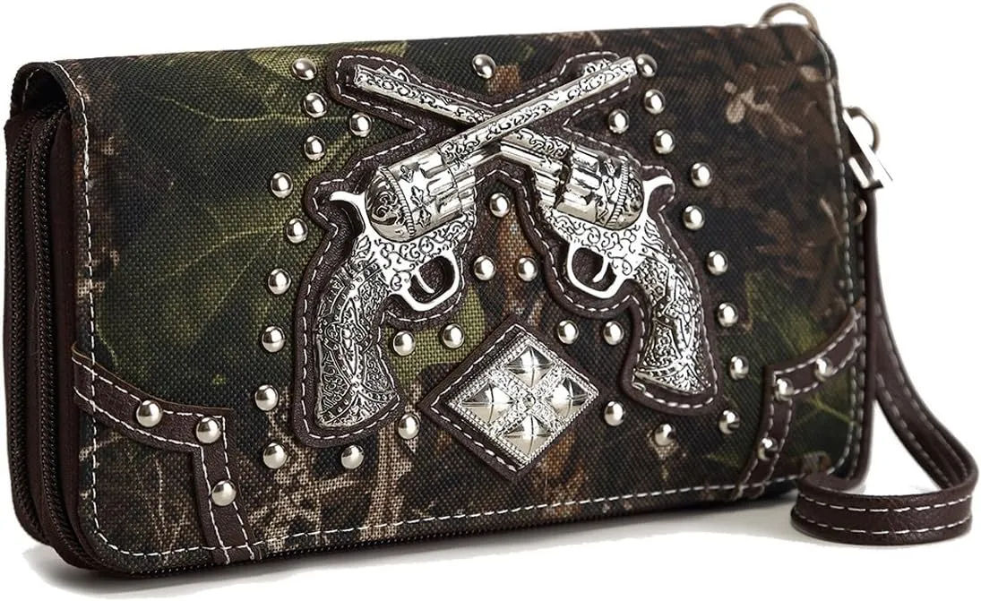 Camouflage Cross Pistol Revolver Gun Studded Clutch Conchos Women Zipper Wallet Western Wristlets Purse