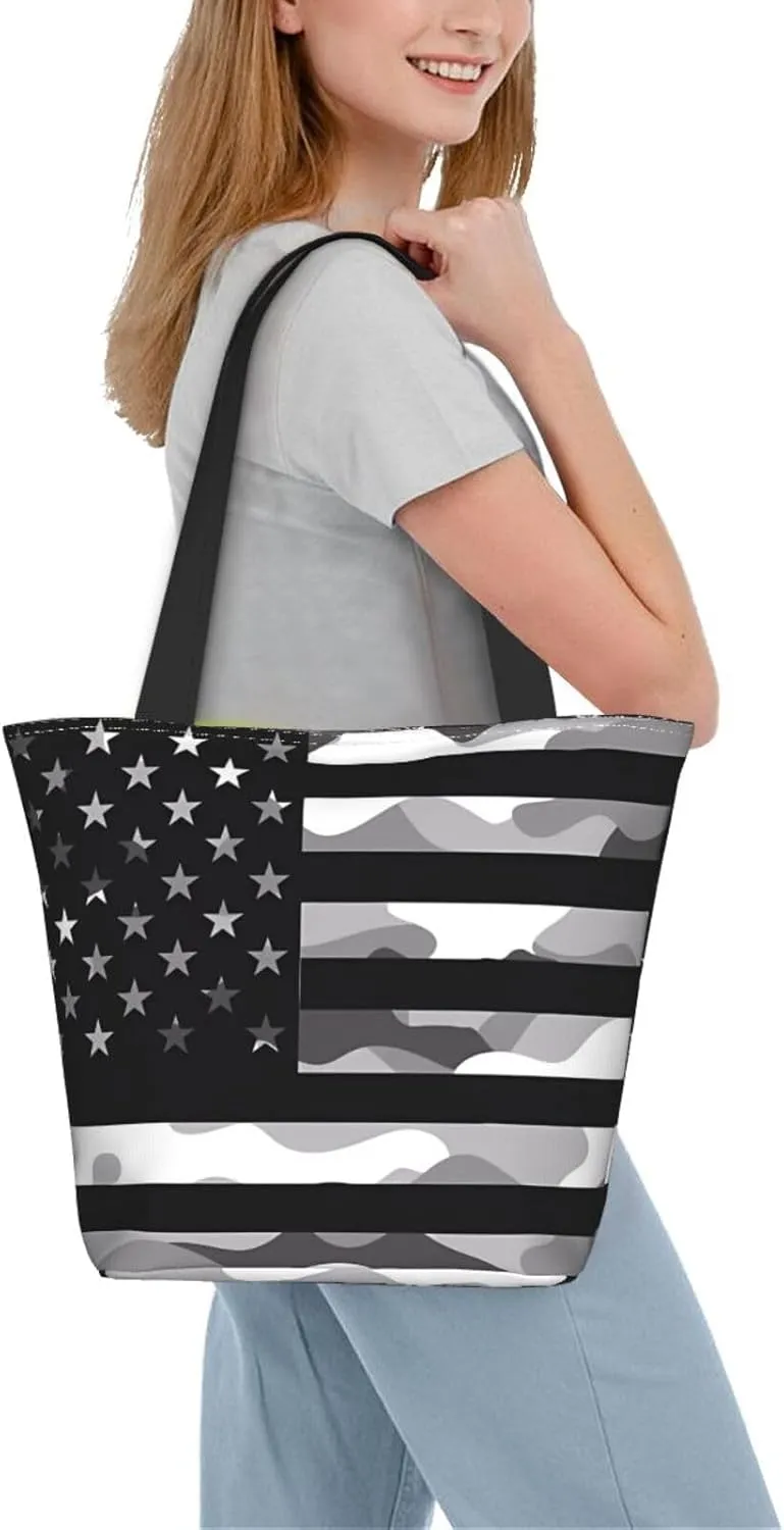 Camouflage Gray Camo American Flag Women's Tote Bag Lightweight Shoulder Bag Shopping Handbag Large Capacity Handbag