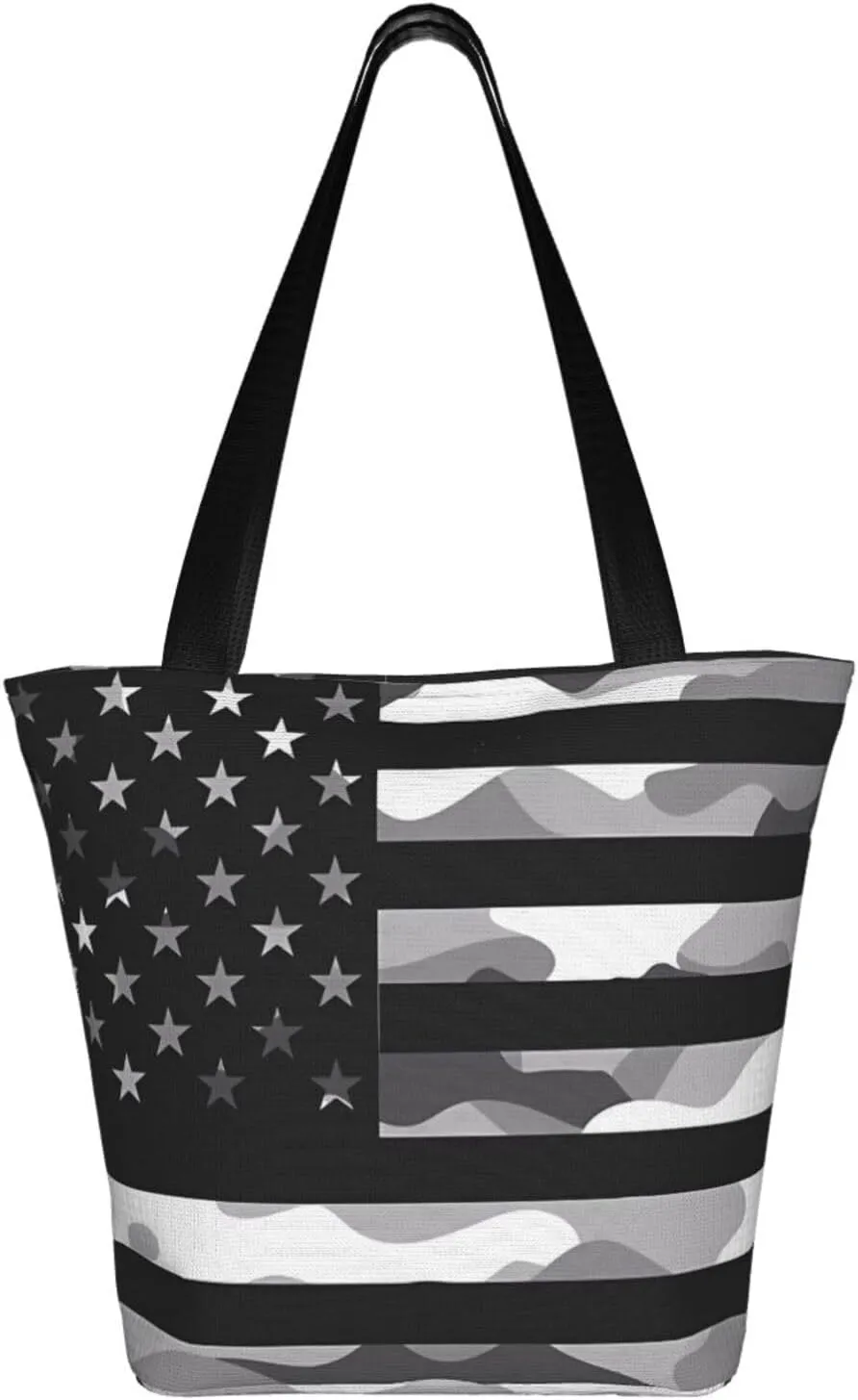 Camouflage Gray Camo American Flag Women's Tote Bag Lightweight Shoulder Bag Shopping Handbag Large Capacity Handbag