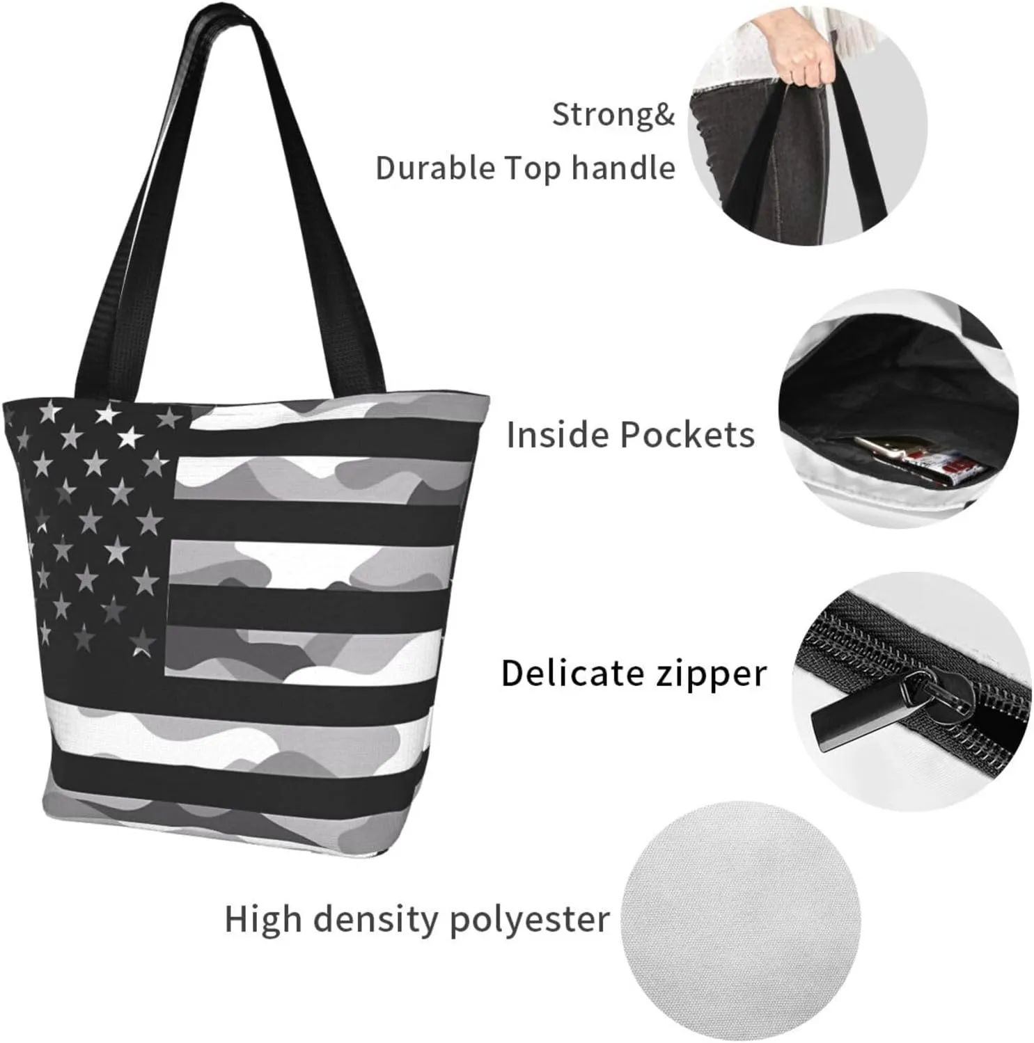 Camouflage Gray Camo American Flag Women's Tote Bag Lightweight Shoulder Bag Shopping Handbag Large Capacity Handbag