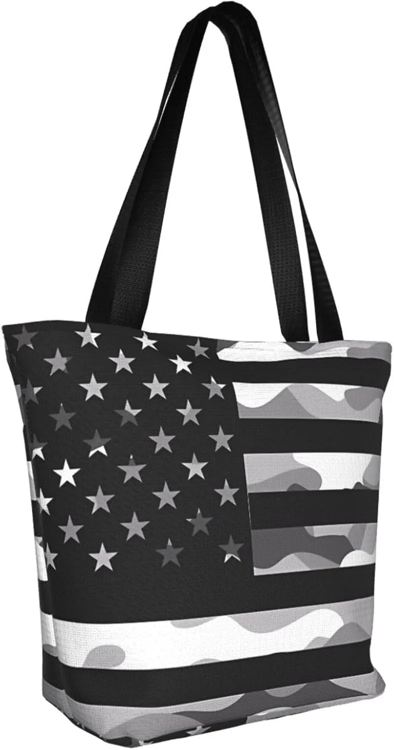 Camouflage Gray Camo American Flag Women's Tote Bag Lightweight Shoulder Bag Shopping Handbag Large Capacity Handbag