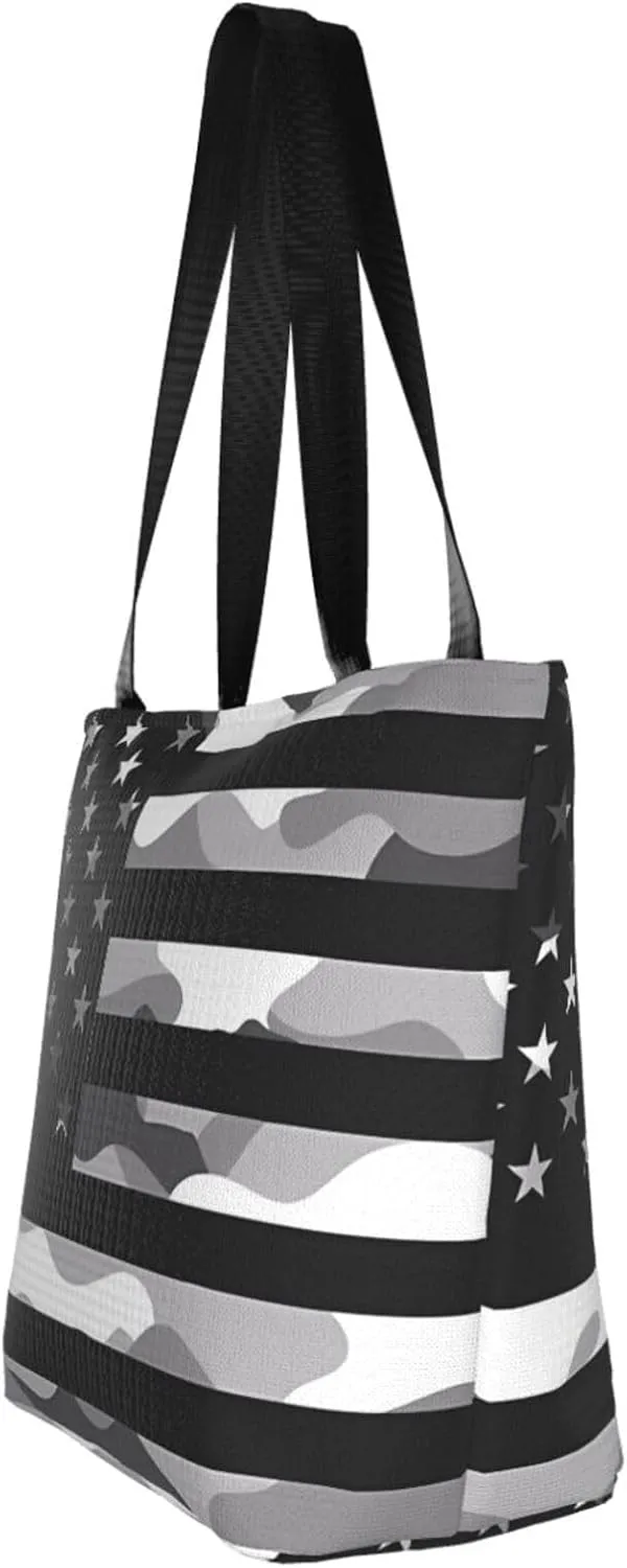Camouflage Gray Camo American Flag Women's Tote Bag Lightweight Shoulder Bag Shopping Handbag Large Capacity Handbag