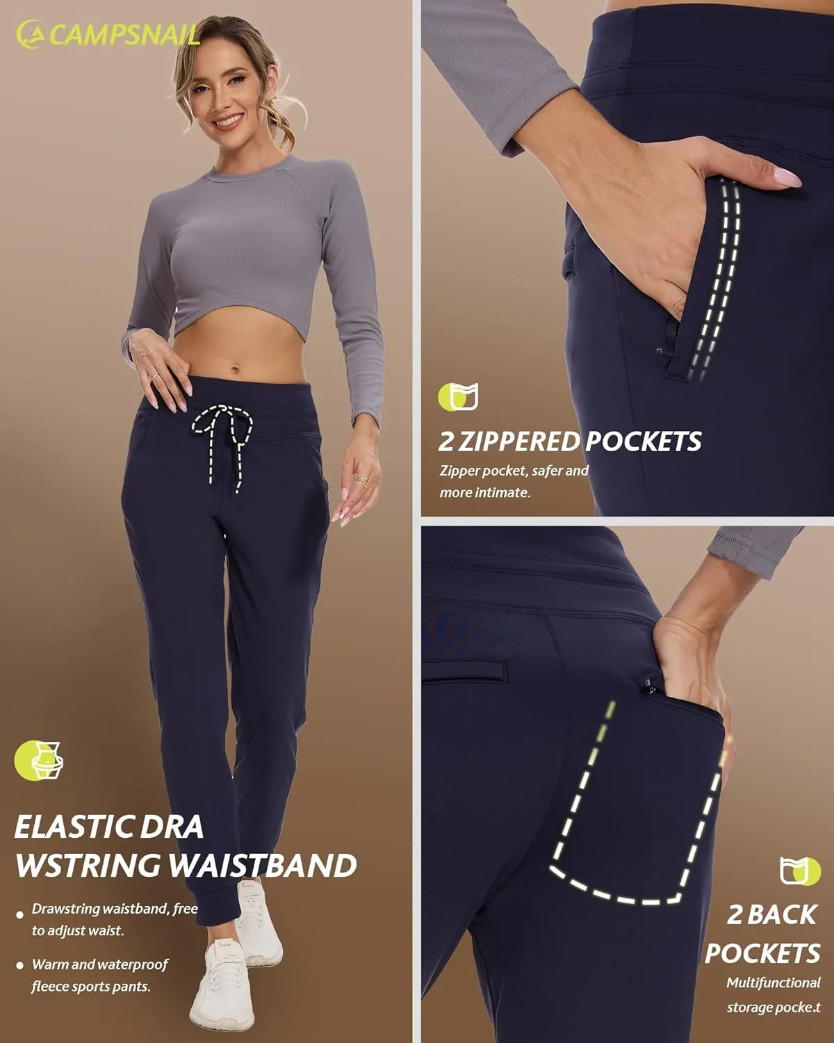CAMPSNAIL Fleece Lined Joggers Women - Water Resistant Thermal Winter Sweatpants Running Hiking Yoga with Pockets