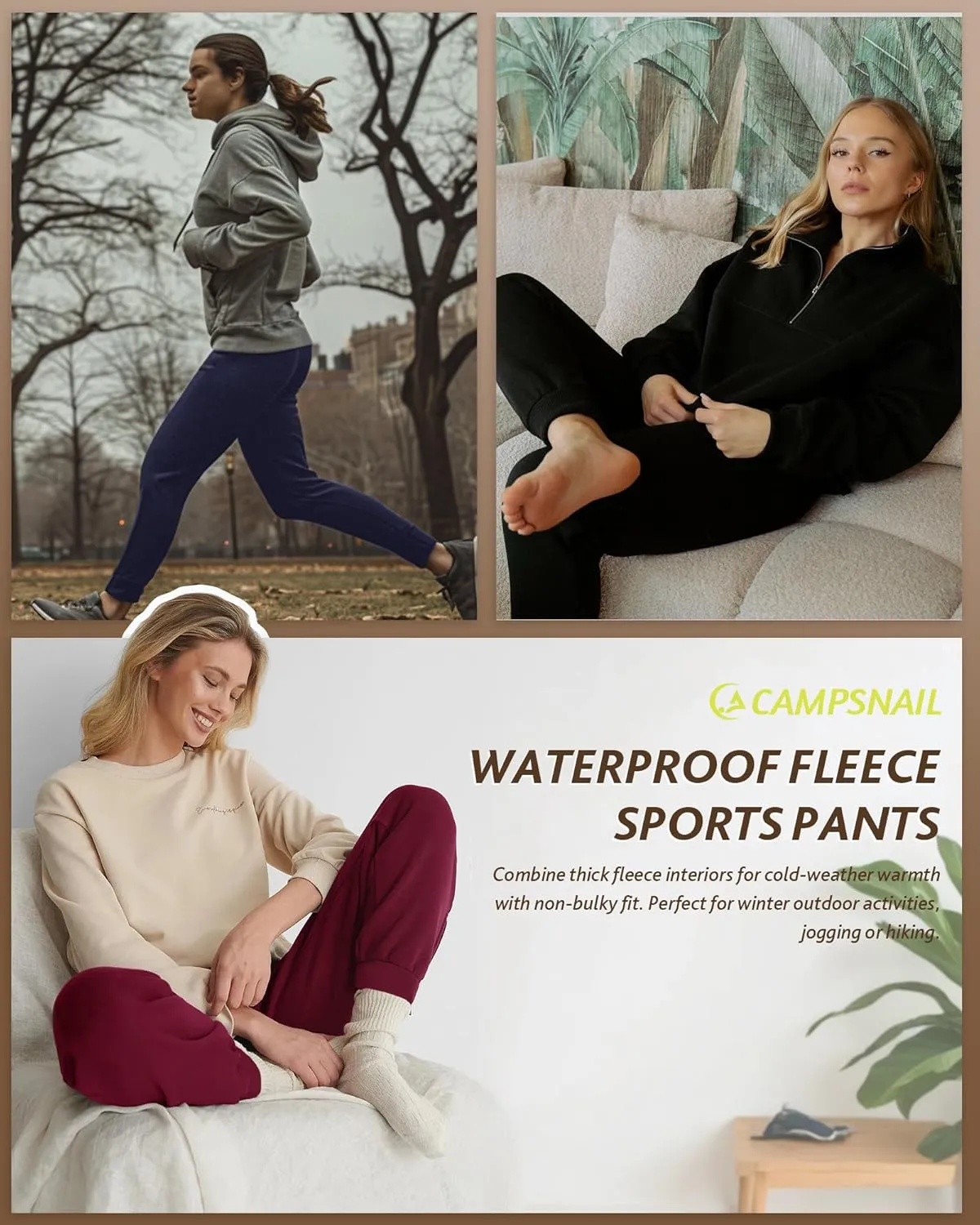 CAMPSNAIL Fleece Lined Joggers Women - Water Resistant Thermal Winter Sweatpants Running Hiking Yoga with Pockets