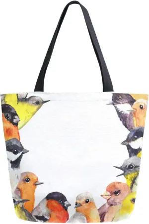 Canvas Tote Bag Summer Birds Women Shoulder Bag Watercolor Sparrow Finch Reusable Grocery Bags Large Handbag Travel Shopping Bag for School Nursing Gift Outdoors