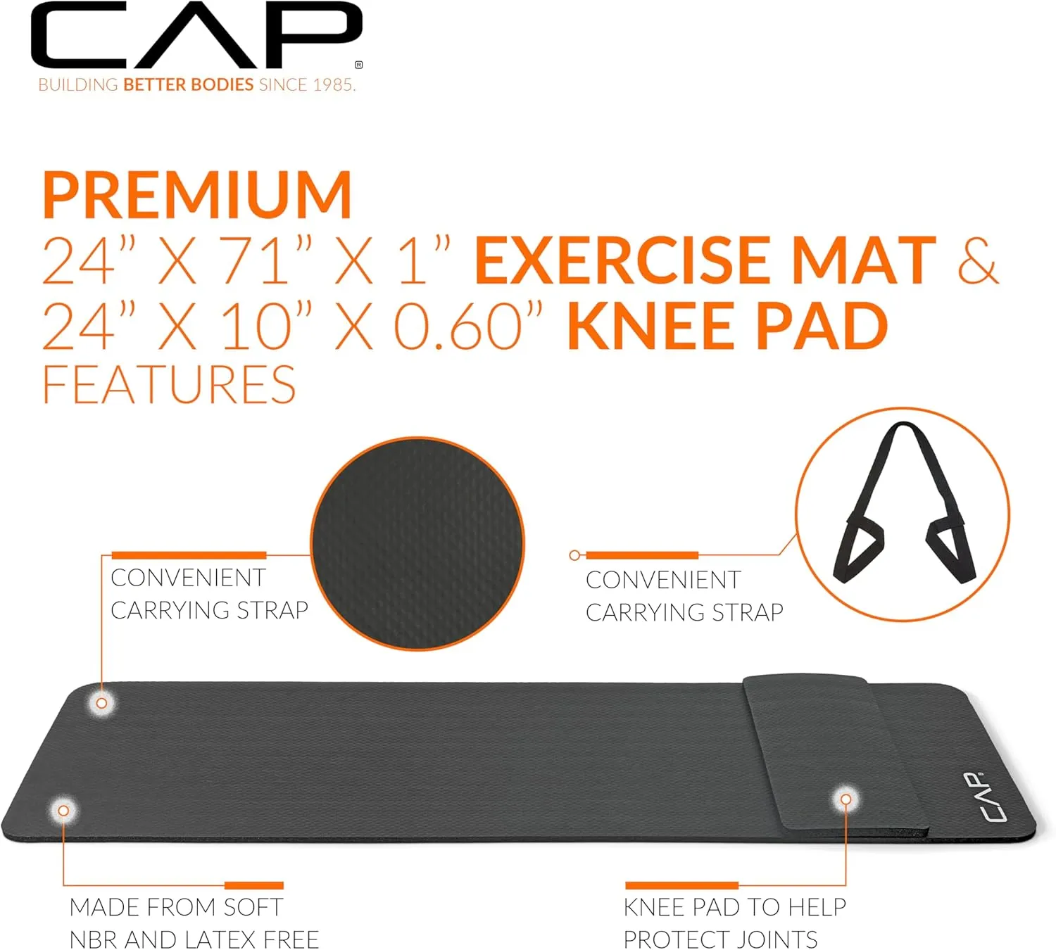 CAP Barbell 1/2-Inch High Density Exercise Yoga Mat with Strap | Multiple Options