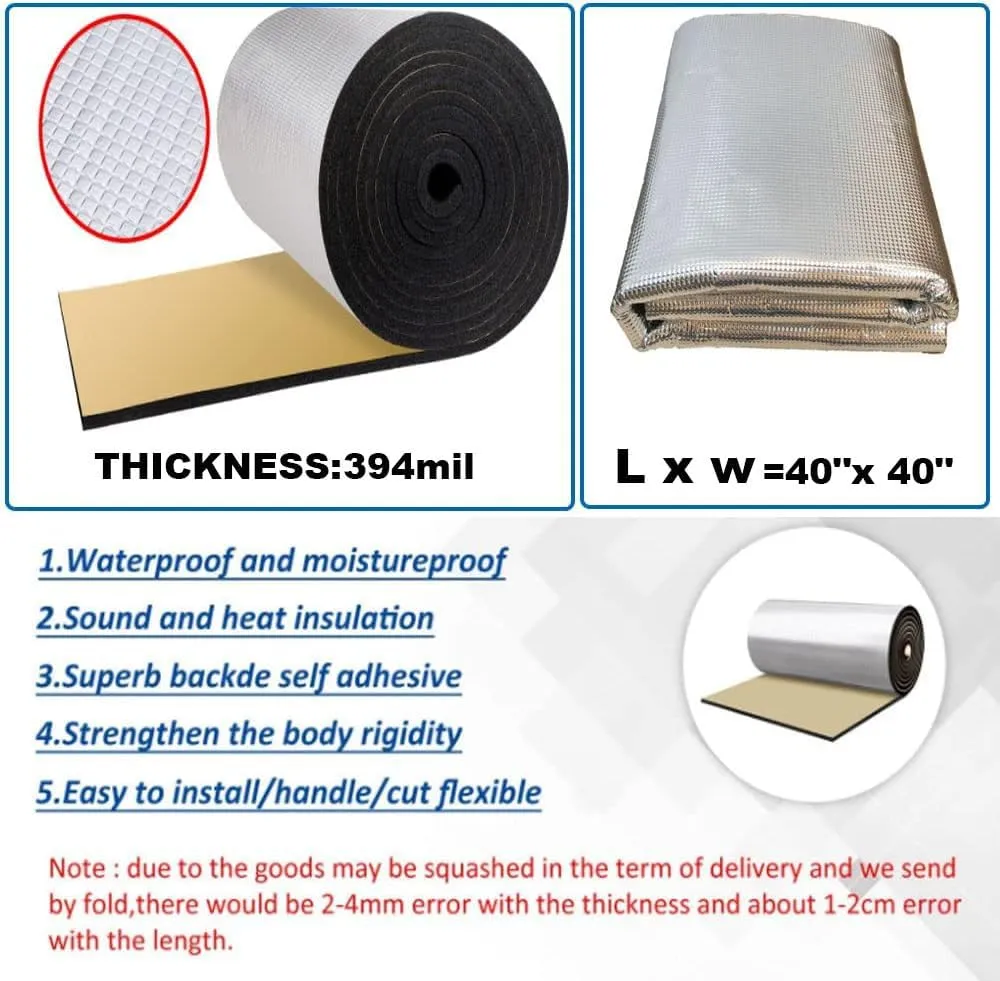 Car Heat Sound Deadening Insulation Mat -394mil 10.76sqft Automobile Sound Deadening & Heat Materials for Auto Hood Engine Roof Door and Trunk (40"x40"（10.76sqft）, 394 Mil)