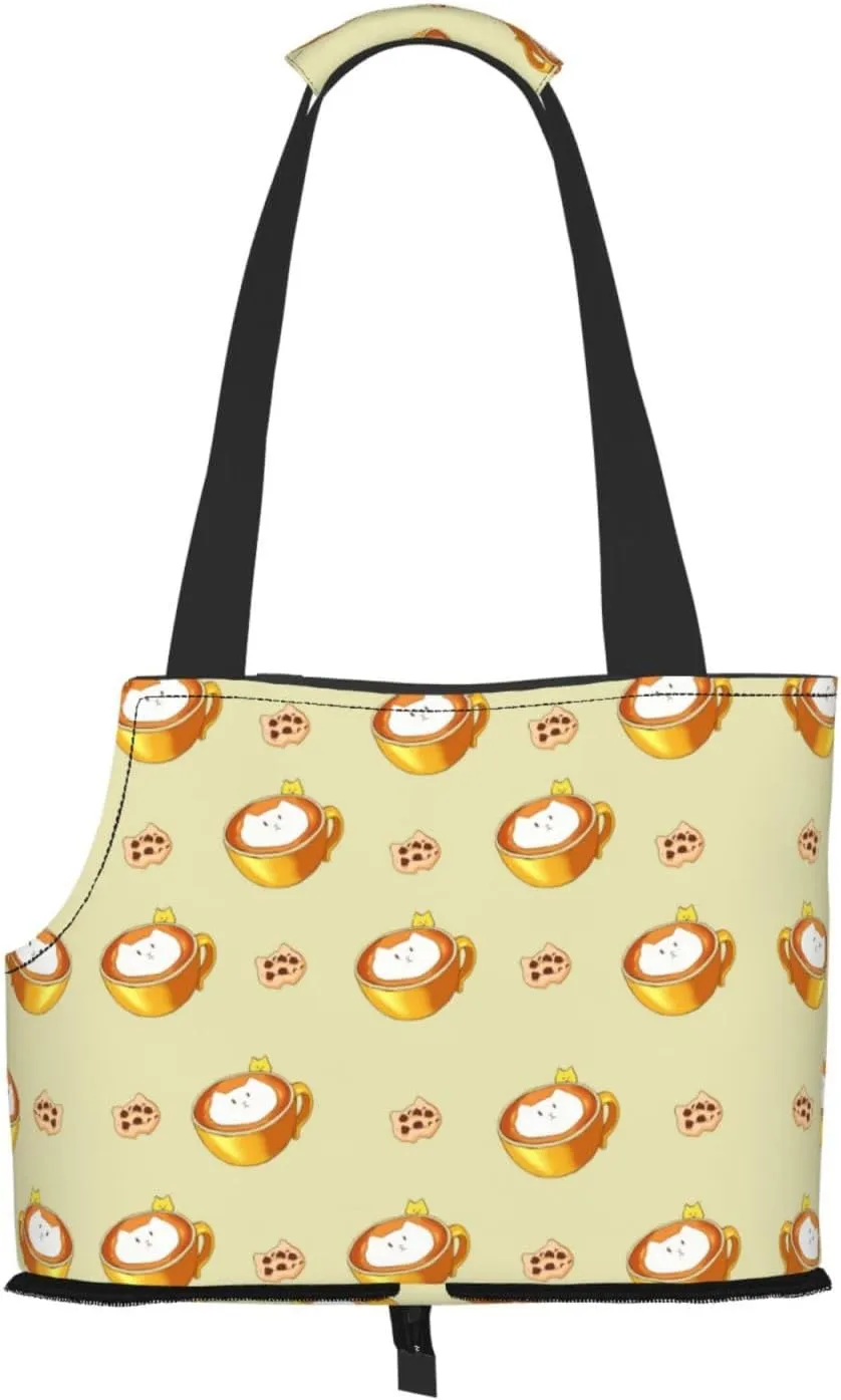 Cartoon Cat Coffee Printed Pet Shoulder Bag, Specially Designed for Small Dogs and Cats, Multifunctional Shoulder and Handbag