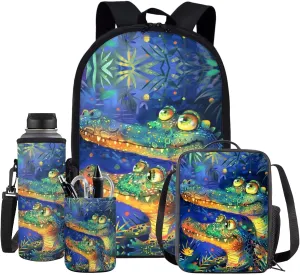 Cartoon Crocodile Backpack for Boys Kids Backpack with Lunch Box Water Bottle Bag and Pencil Holder for Desk 4PCS Bookbag Set for School 17 inch School Bag with Side Pocket for Elementary Boys