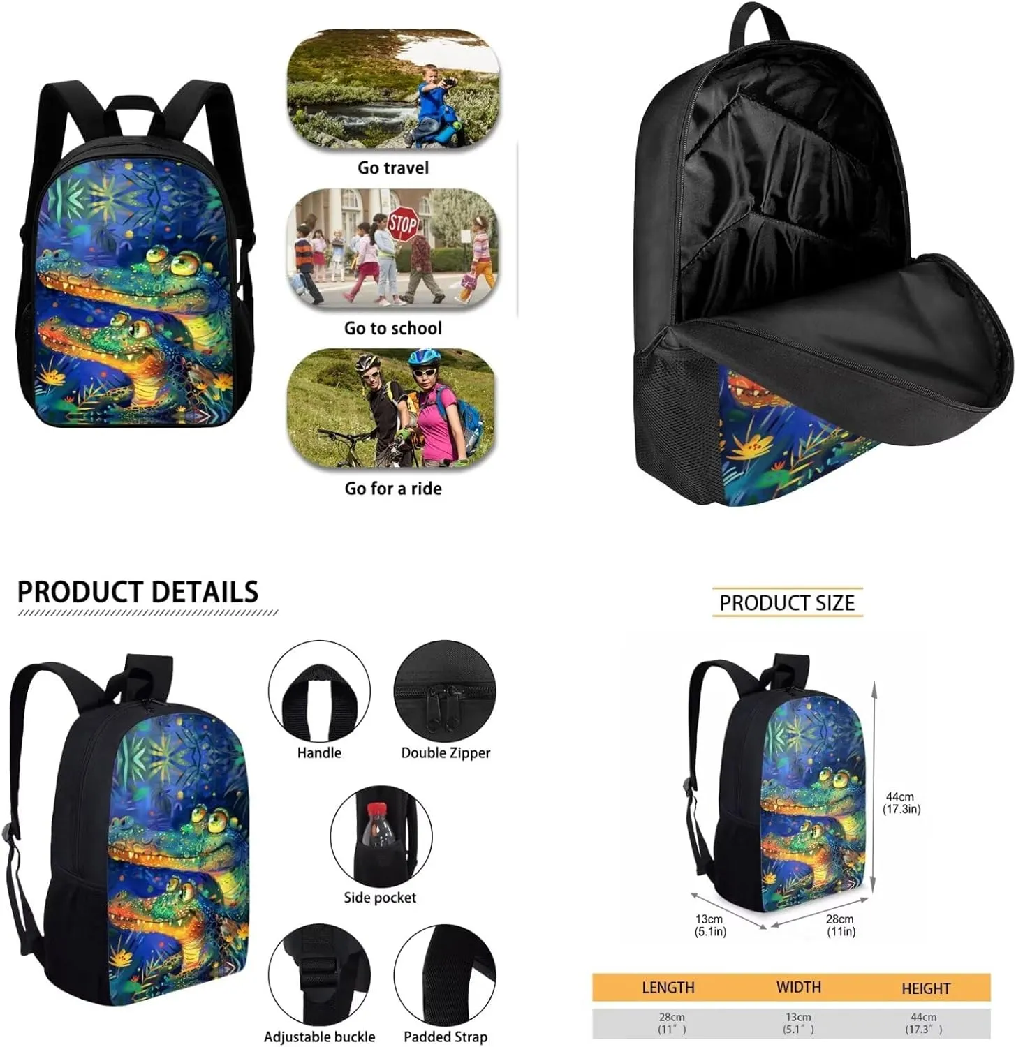 Cartoon Crocodile Backpack for Boys Kids Backpack with Lunch Box Water Bottle Bag and Pencil Holder for Desk 4PCS Bookbag Set for School 17 inch School Bag with Side Pocket for Elementary Boys