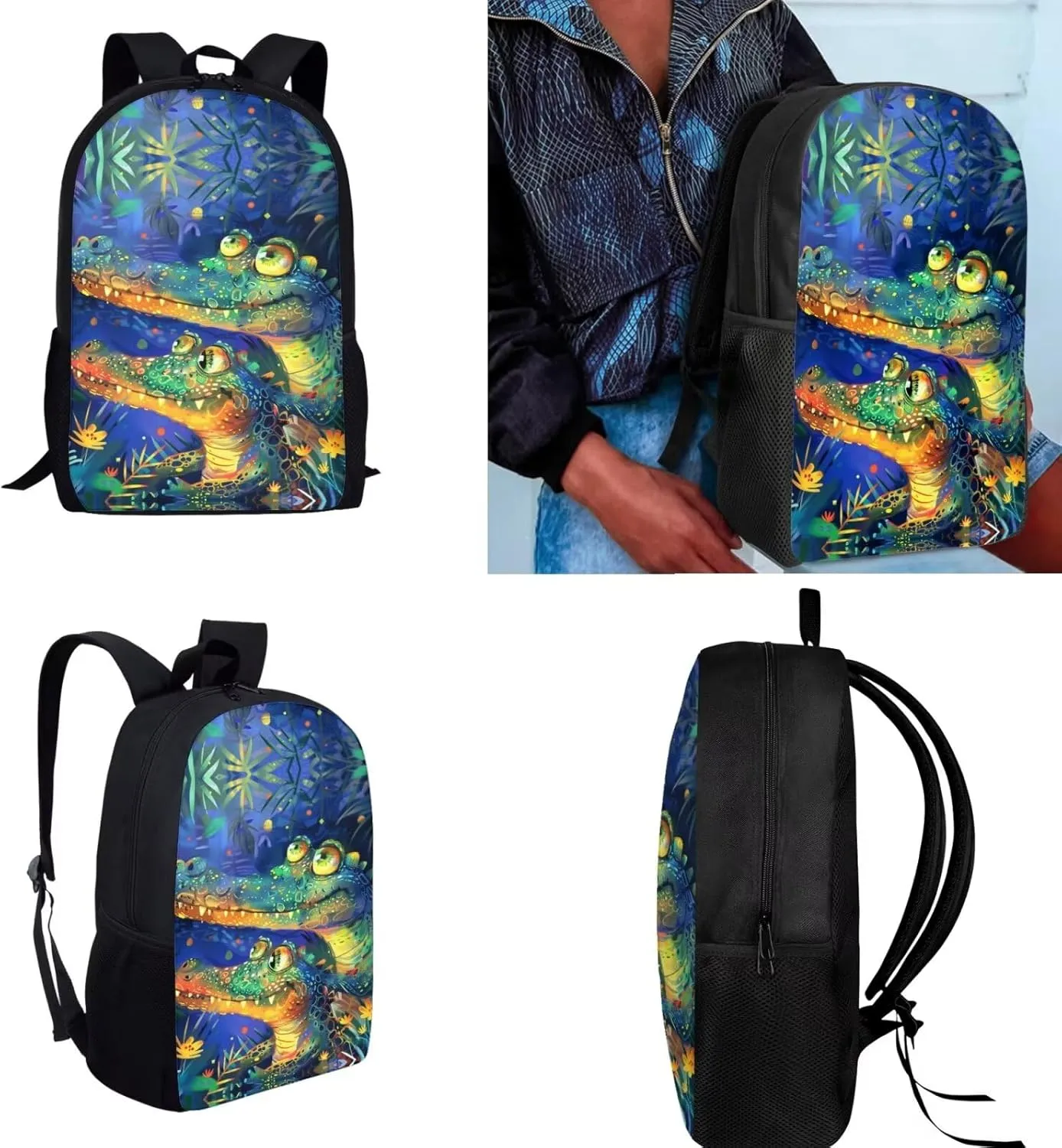 Cartoon Crocodile Backpack for Boys Kids Backpack with Lunch Box Water Bottle Bag and Pencil Holder for Desk 4PCS Bookbag Set for School 17 inch School Bag with Side Pocket for Elementary Boys