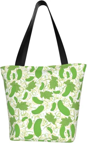 Cartoon Cucumber Pattern Large Capacity Reusable Shoulder Bag Tote Bag For Women For Travel Beach Work Shopping