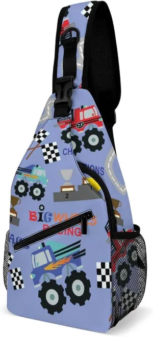 Cartoon Monster Truck Race Sling Bag Crossbody for Women Men Lightweight Adjustable Extender Strap Trophy Shoulder Backpack with Water Bottle Holder Casual Daypack for Hiking Travel