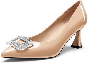 Castamere Womens Mid Heel Pointed Toe Slip-on Rhinestone Crystal Pumps Wedding Prom Patent Leather 2.6 Inches Heels