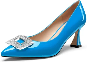 Castamere Womens Mid Heel Pointed Toe Slip-on Rhinestone Crystal Pumps Wedding Prom Patent Leather 2.6 Inches Heels