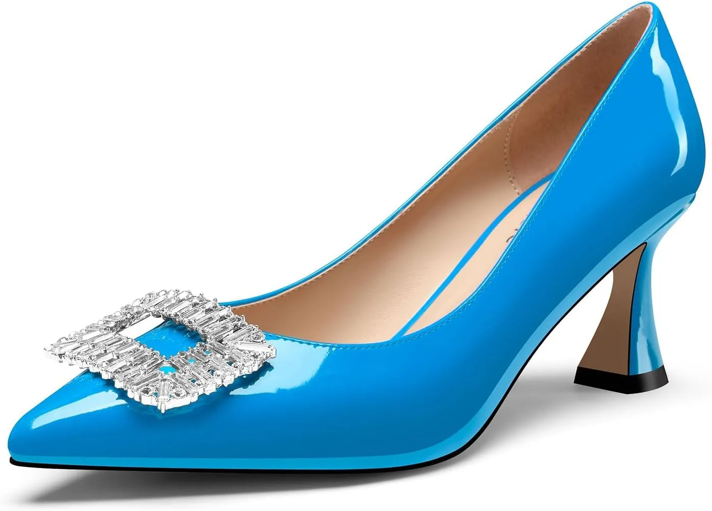 Castamere Womens Mid Heel Pointed Toe Slip-on Rhinestone Crystal Pumps Wedding Prom Patent Leather 2.6 Inches Heels