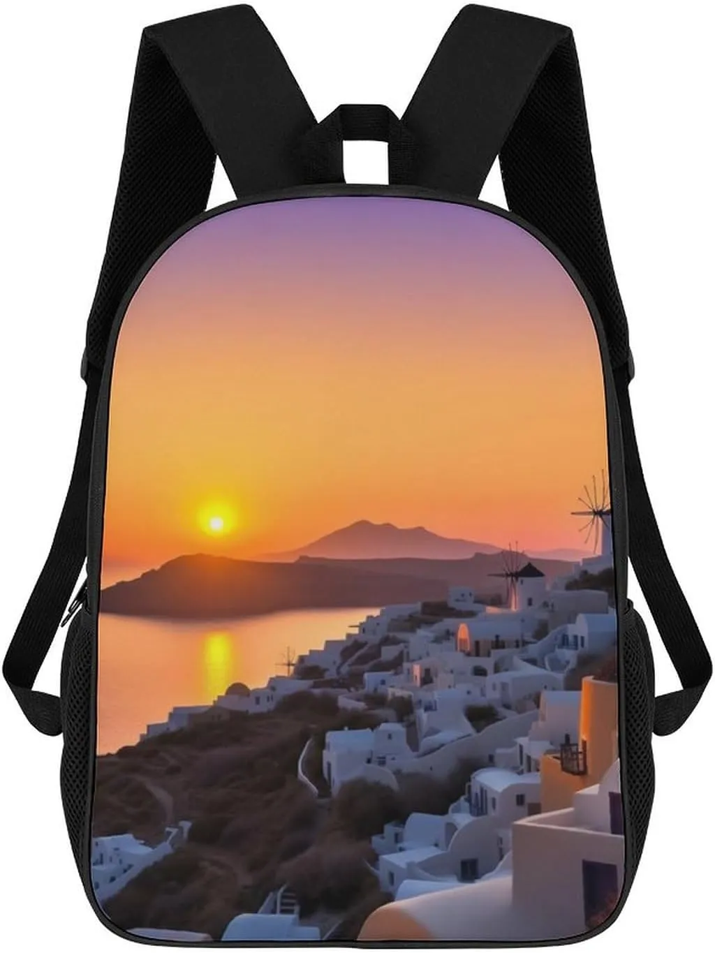 Casual Backpack for Men Women Waterproof Lightweight Daypack Travel Laptop Bag Greece Island Sunset Landscape