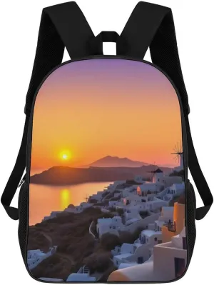 Casual Backpack for Men Women Waterproof Lightweight Daypack Travel Laptop Bag Greece Island Sunset Landscape