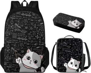 Cat Backpack for School Girls Backpack with Lunch Box and Cute Pencil Case Sturdy Bookbag for Elementary School Girls 17" Large School Bag with Compartments Back to School Gifts for Students