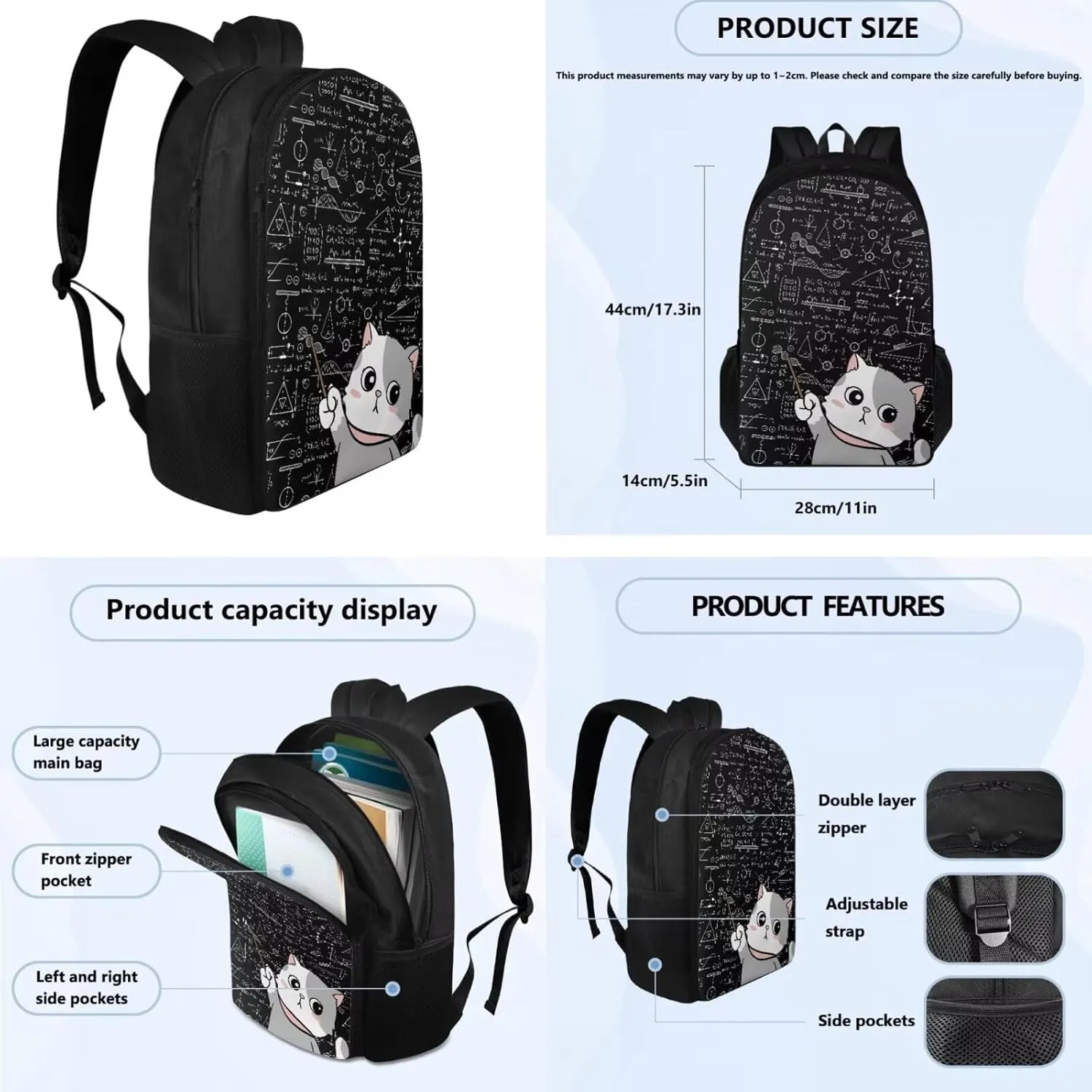 Cat Backpack for School Girls Backpack with Lunch Box and Cute Pencil Case Sturdy Bookbag for Elementary School Girls 17" Large School Bag with Compartments Back to School Gifts for Students
