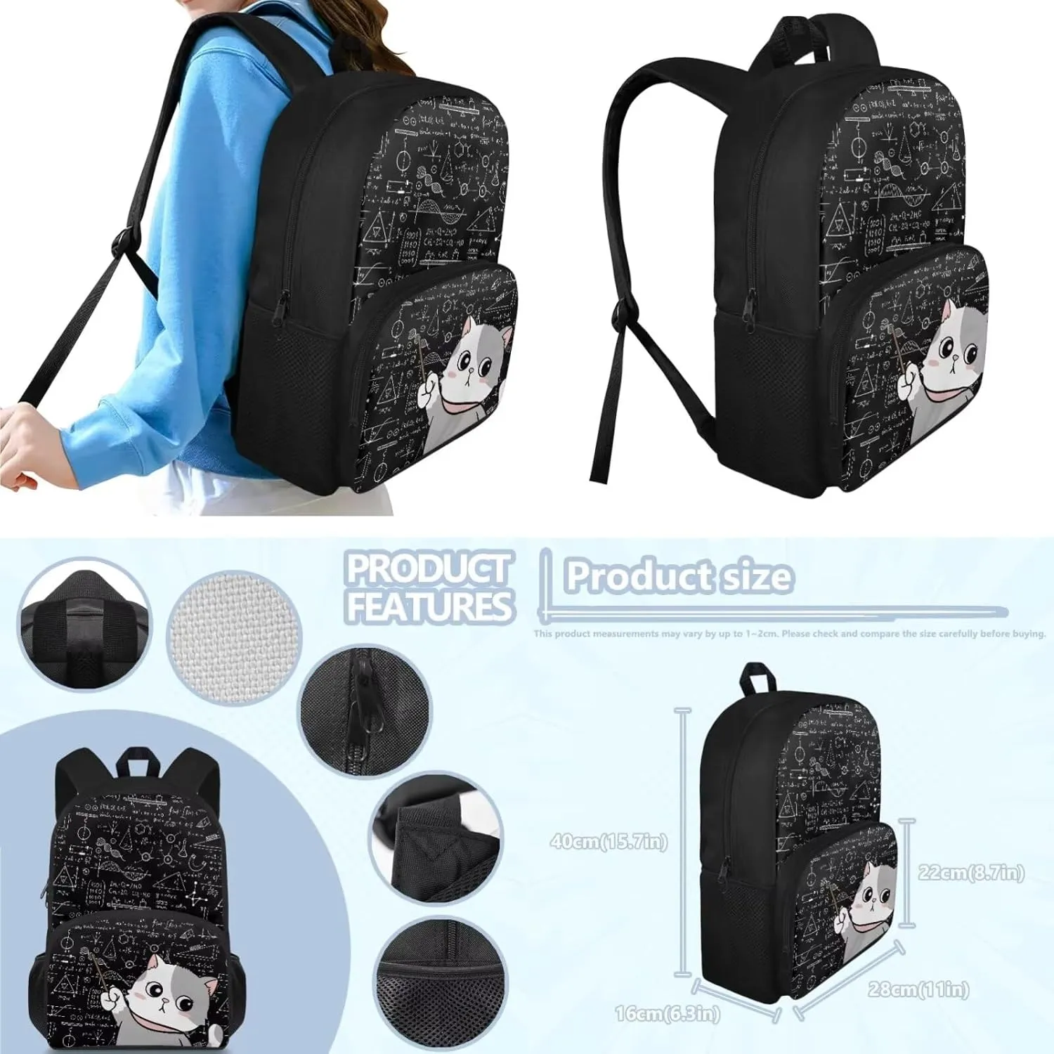 Cat Backpack for School Girls Backpack with Lunch Box and Kawaii Pencil Case 3PCS Casual Daypack Backpacks Cute Bookbag with Front Pocket 15 inch Large Capacity School Bag for Elementary Girls
