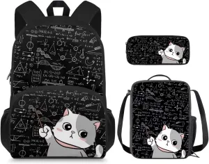 Cat Backpack for School Girls Backpack with Lunch Box and Kawaii Pencil Case 3PCS Casual Daypack Backpacks Cute Bookbag with Front Pocket 15 inch Large Capacity School Bag for Elementary Girls